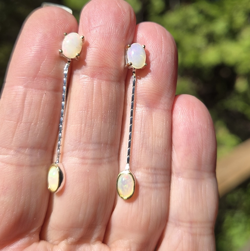 Opal Natural Gemstone Sterling & Gold Earrings 6k - Picture 4 of 11